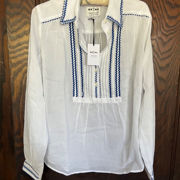 Brora Organic Cotton Shirt white with cobalt blue embroidery, size UK 10/US 6 - Picture 5 of 8